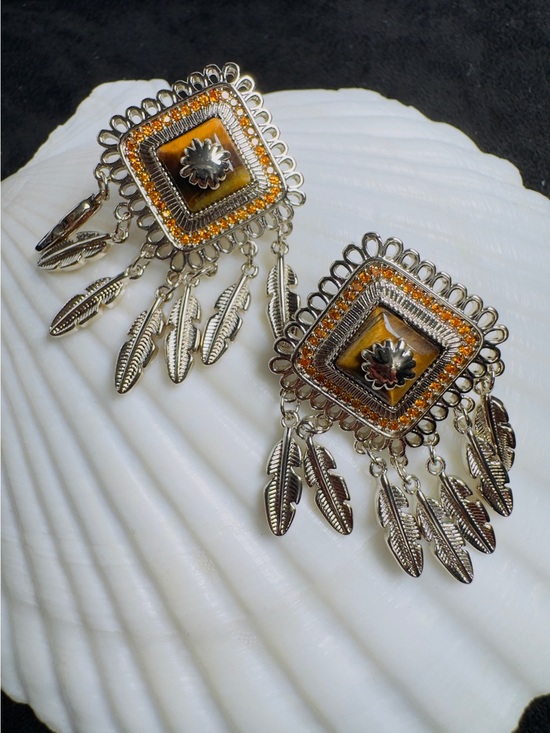 Jewelry - Tiger’s Eye CZ Feather Statement Drop Earrings